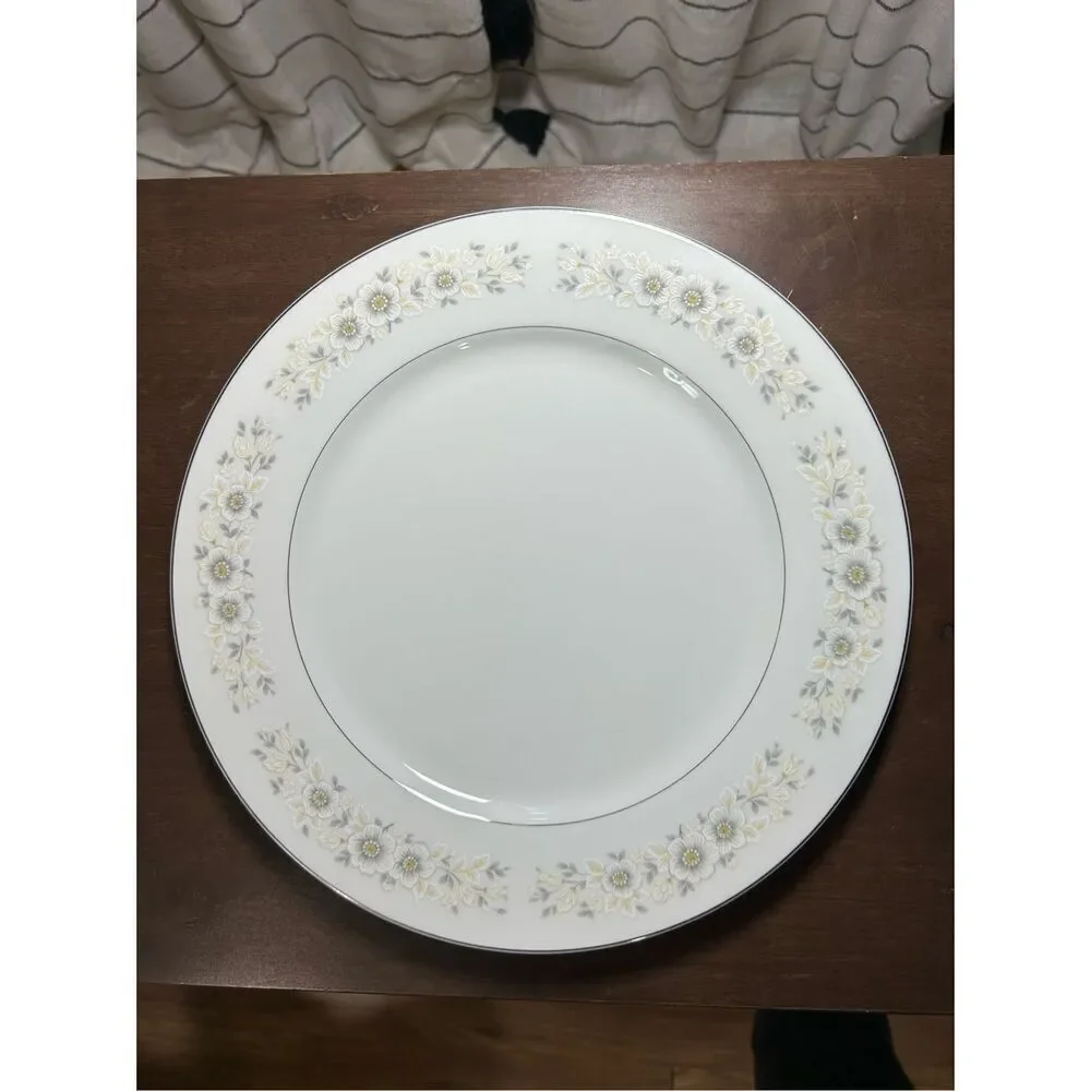 Carlion Andover 12 1/4” Round Platter, Japan Gray Floral Silver Rim Plate and Bo